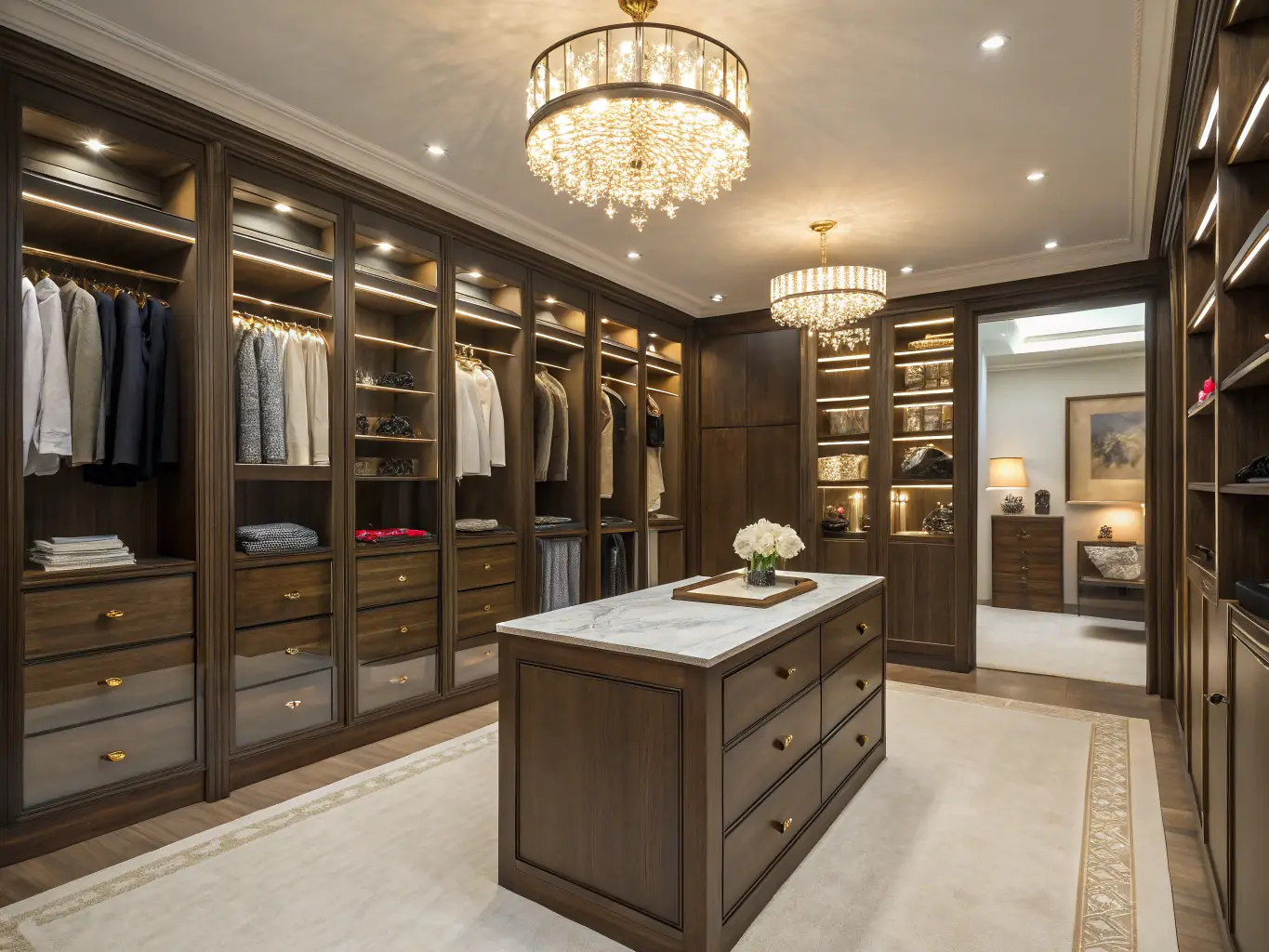 A luxury closet filled with designer clothing and accessories, highlighting the high-end wardrobe management services offered by Charressa Deseree Designs.